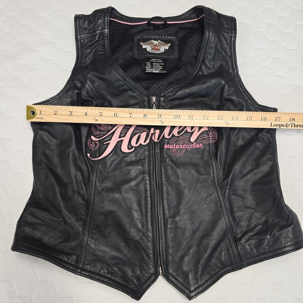 Harley Davidson Miss Enthusiast Leather Riding Vest Womens M Black Pink Y2K - Picture 8 of 9